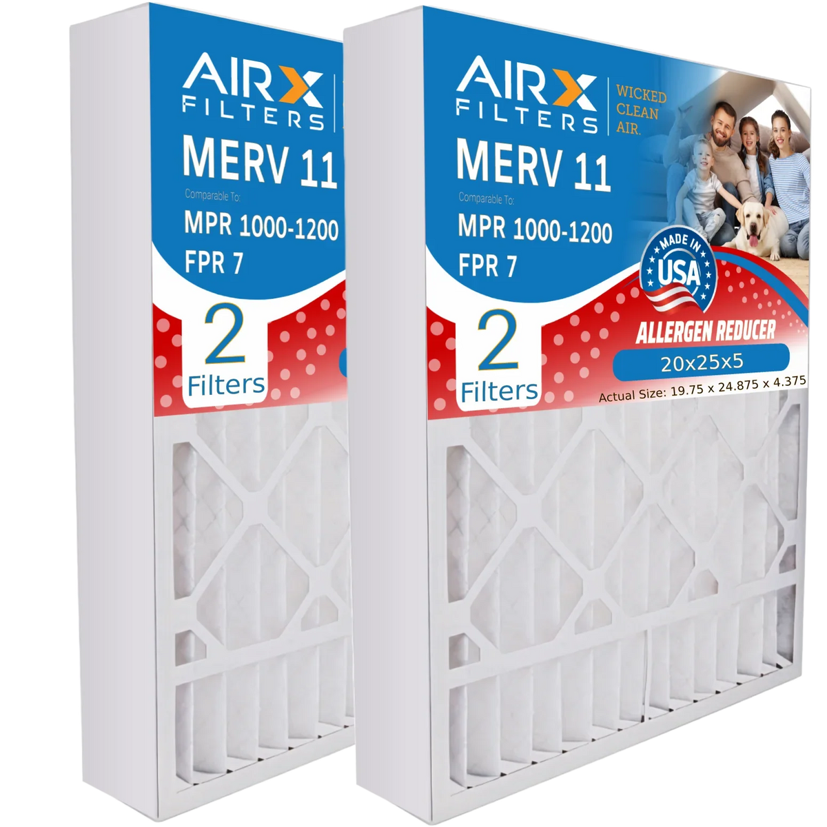 20x25x5 Air Filter MERV 11 Comparable to MPR 1000, MPR 1200 & FPR 7 Compatible with Honeywell FC100A1037 Premium USA Made 20x25x5 Furnace Filter 2 Pack by AIRX FILTERS WICKED CLEAN AIR.