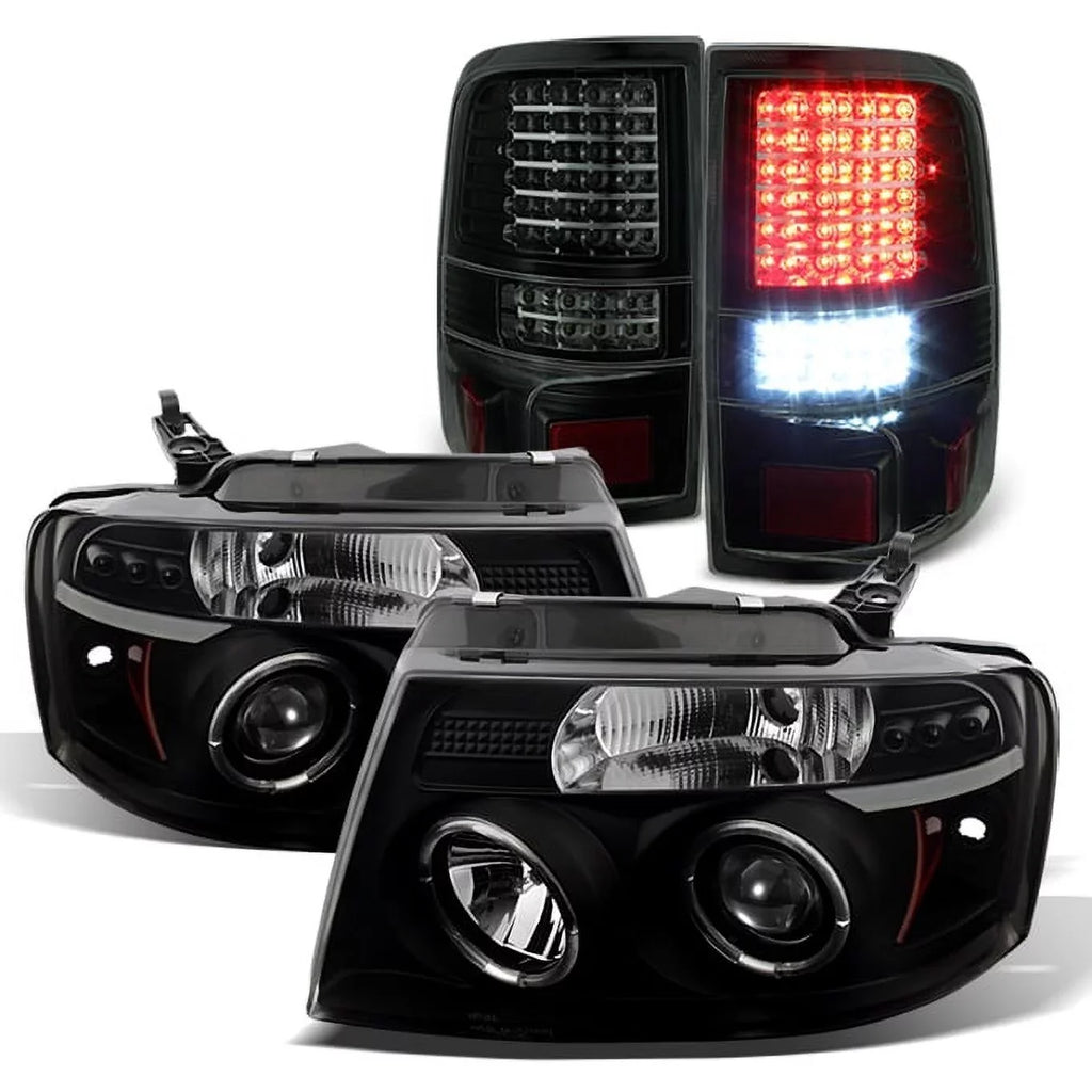 For 04-08 F150 Black Smoke Halo Projector LED Headlights + Full LED Taillights Fits select: 2004-2008 FORD F150