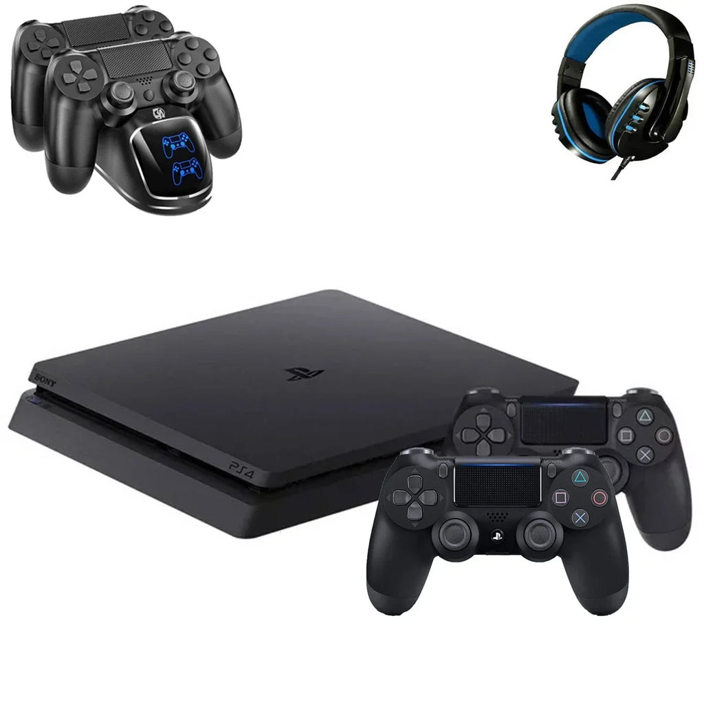 Pre-Owned Sony 2215B PlayStation 4 Slim 1TB Gaming Console Black with Charging Dock Headset 2 Controller Bolt Axtion