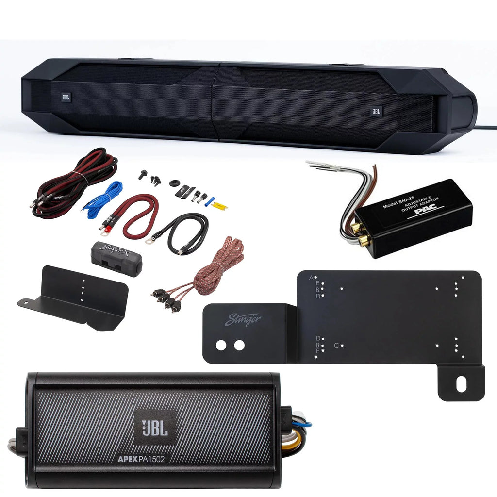JBL JBLBB4005D - 5-Door Passive Sound Bar Compatible with Bronco with JBL Apex PA 1502 2 Channel Marine & Powersport Amplifier - 150 x 2 At 2-Ohms and Bronco Install Accessories