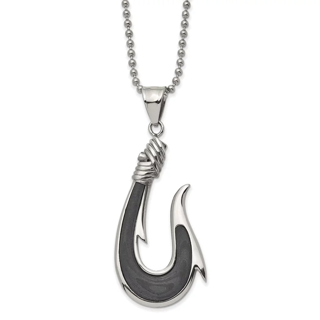 25.9mm Chisel Stainless Steel Polished With Solid Black Carbon Fiber Hook Pendant a Ball Chain Necklace 22 Inch Jewelry