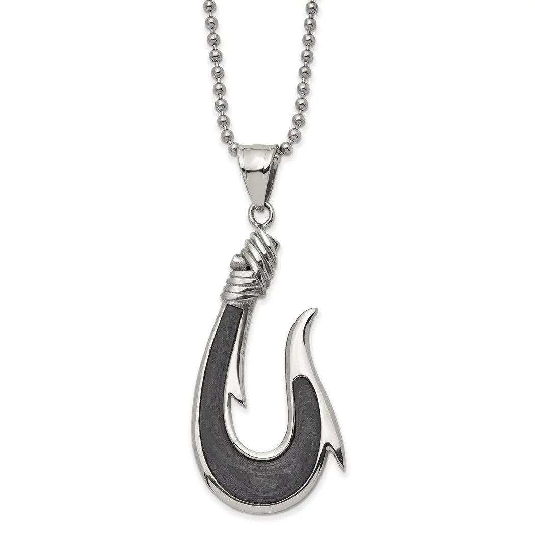 25.9mm Chisel Stainless Steel Polished With Solid Black Carbon Fiber Hook Pendant a Ball Chain Necklace 22 Inch Jewelry