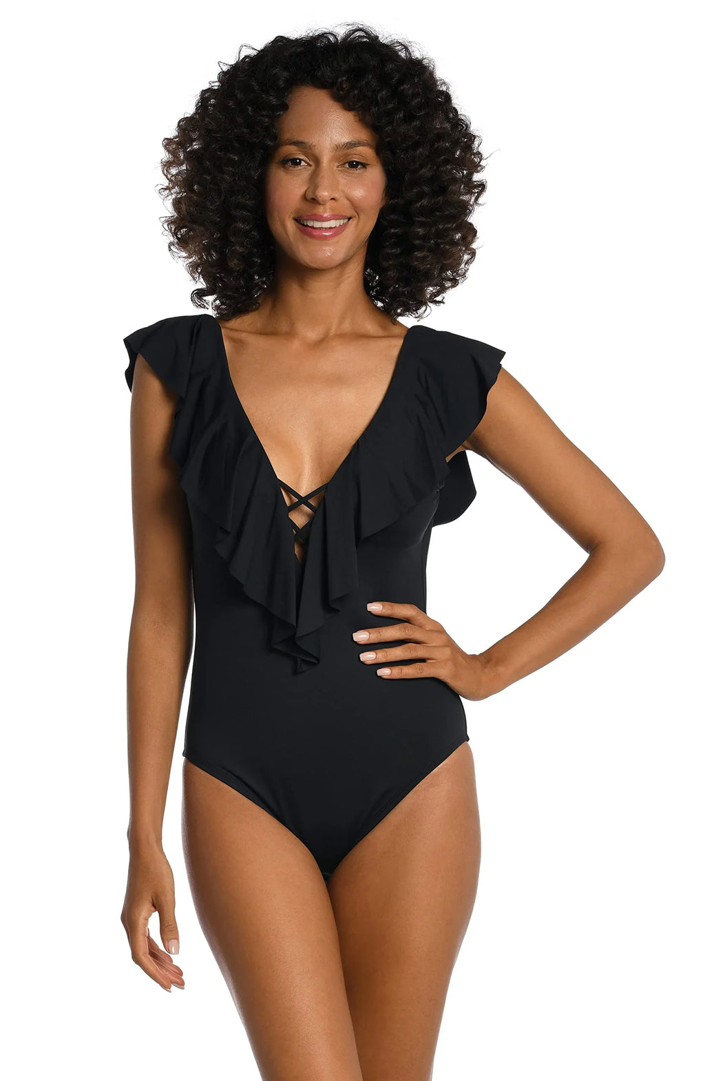 La Blanca Women's Island Goddess Over The Shoulder Ruffle Plunge One Piece, Black, 4