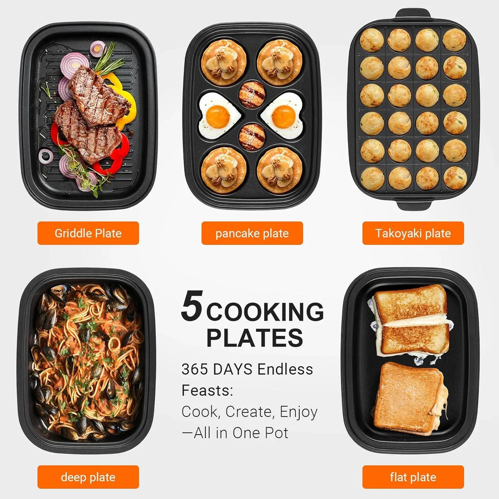 YANPO Classic Indoor Grill Set, Versatile Electric Grill Griddle Skillets Set with 5 Removable Nonstick Plates, Lid for Grilling, HotPot, BBQ, Dessert, Stir Fry, Paella Pasta Pot, Mushroom White
