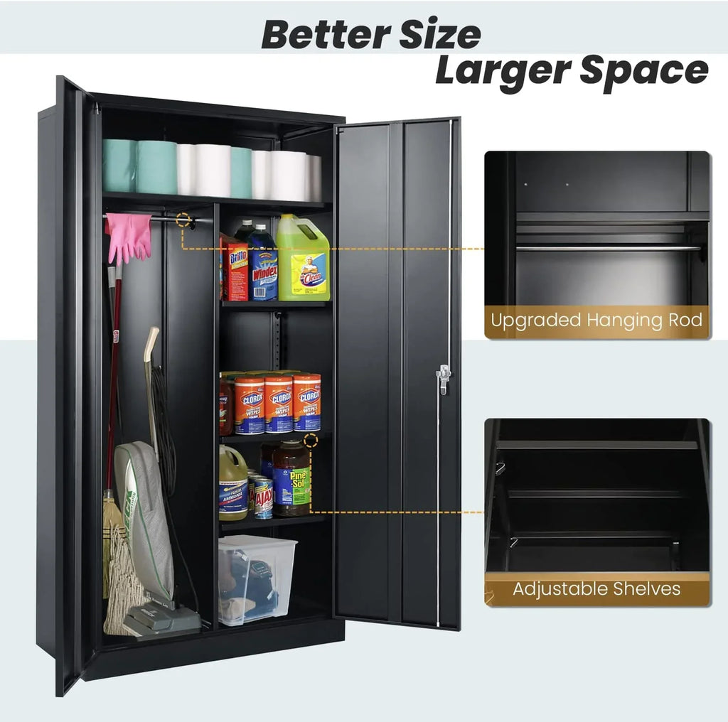 HOOMHIBIU Metal  Cabinets Locker with Locking Door  72'' Clothing Coat Steel Wardrobe Cabinet with Lock and Shelves for Office  Home  Garage  Employee  Freestanding (Black)