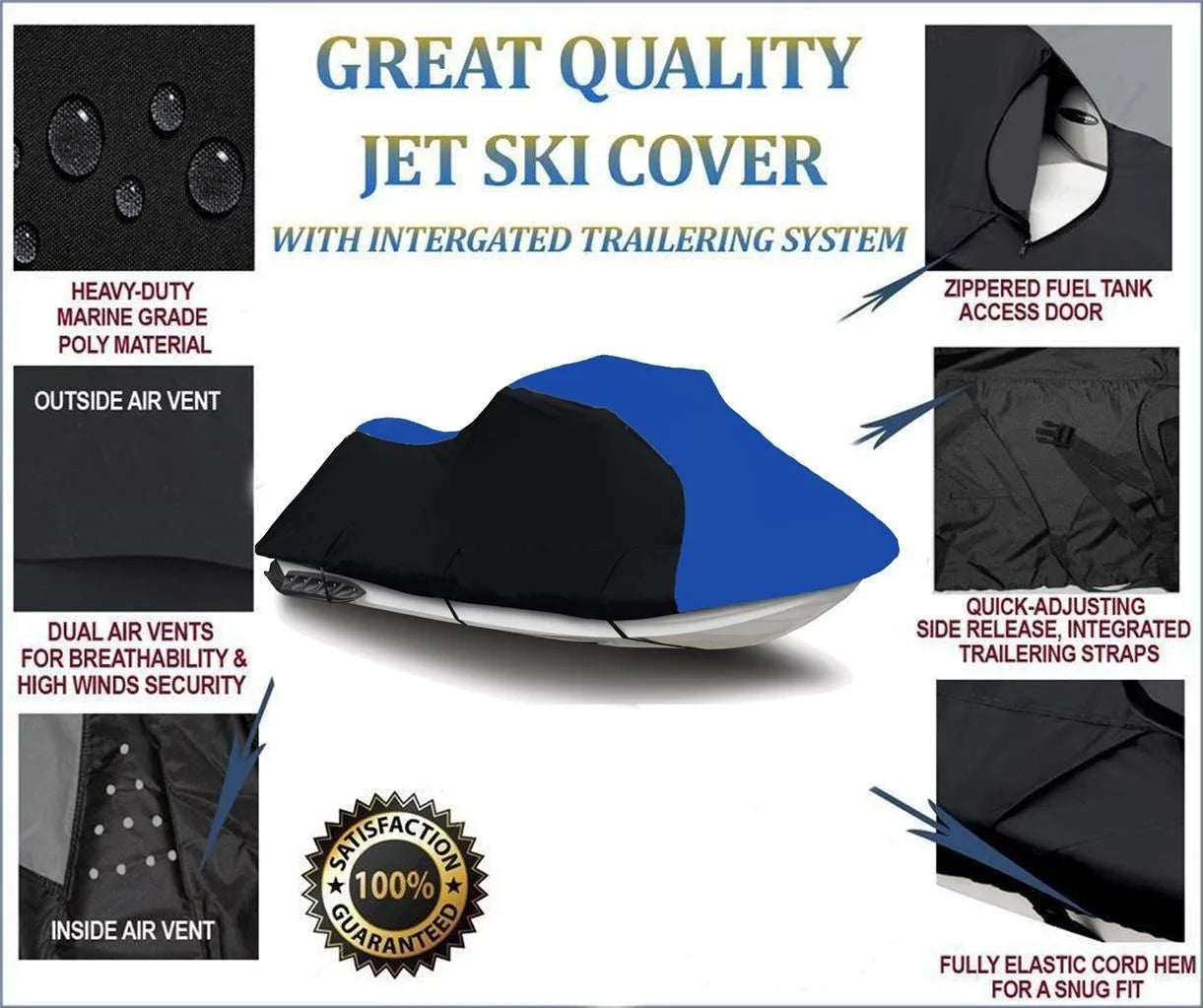 BLACK / BLUE HEAVY-DUTY, TOP OF THE LINE Cover Compatible for Sea Doo Sea-Doo GTI 1997 1998 1999 2000 Jet Ski Trailerable Cover