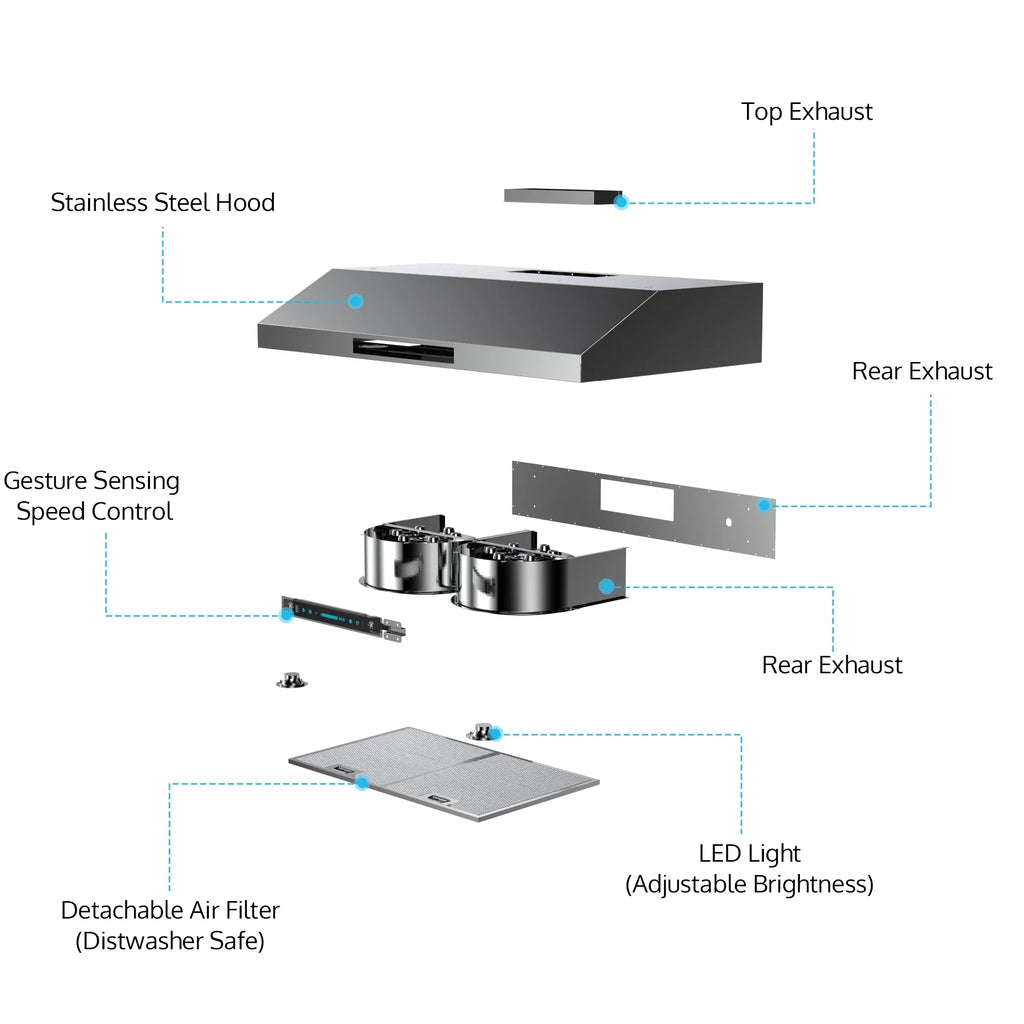 HisoHu Under Cabinet Range Hoods 30 Inch with 900-CFM, 4 Speed Gesture Sensing&Touch Control Panel, Stainless Steel Kitchen Vent