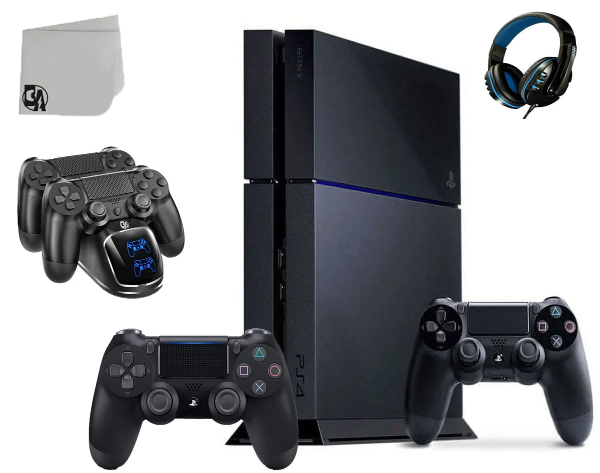 Sony PlayStation 4 500GB Gaming Console Black with Charging Dock Headset 2 Controller Bolt Axtion Used