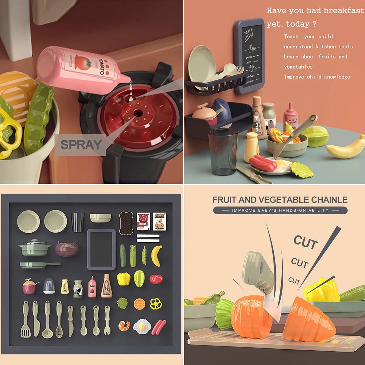 PayUSD 28.3" Kids Play Kitchen Playset for Toddlers with Realistic Sounds and Lights 43 Pcs Pretend Play Toy Set with Simulation of Spray Kids Kitchen Toys for Boys Girls Christmas Birthday, Green