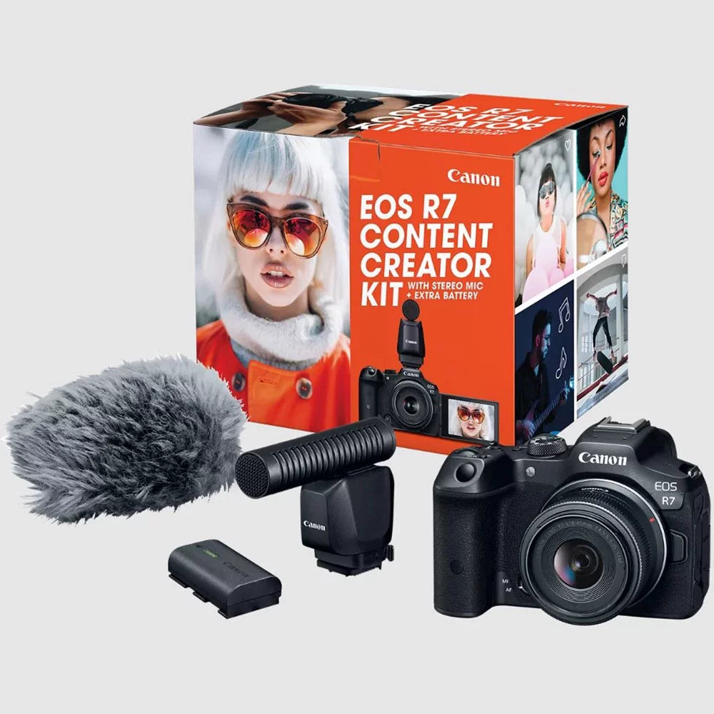 Canon EOS R7 Mirrorless Camera Content Creator Kit Including Body + 18-45mm IS STM Lens + Microphone + 2 Battery 5137C055 Bundle with Deco Gear Photography Bag + Monopod + Software & Accessories