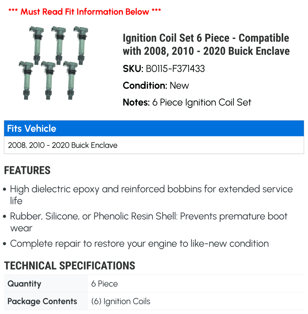 Ignition Coil Set 6 Piece - Compatible with 2008, 2010 - 2020 Buick Enclave 2011 2012 2013 2014 2015 2016 2017 2018 2019