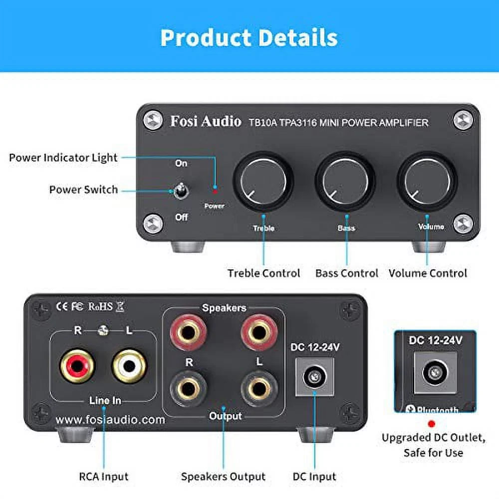 2 Channel Stereo Audio Amplifier Receiver Mini Hi-Fi Class D Integrated Amp 2.0CH for Home Speakers 100W x 2 with Bass and Treble Control TPA3116(with Power Supply) - Fosi Audio TB10A